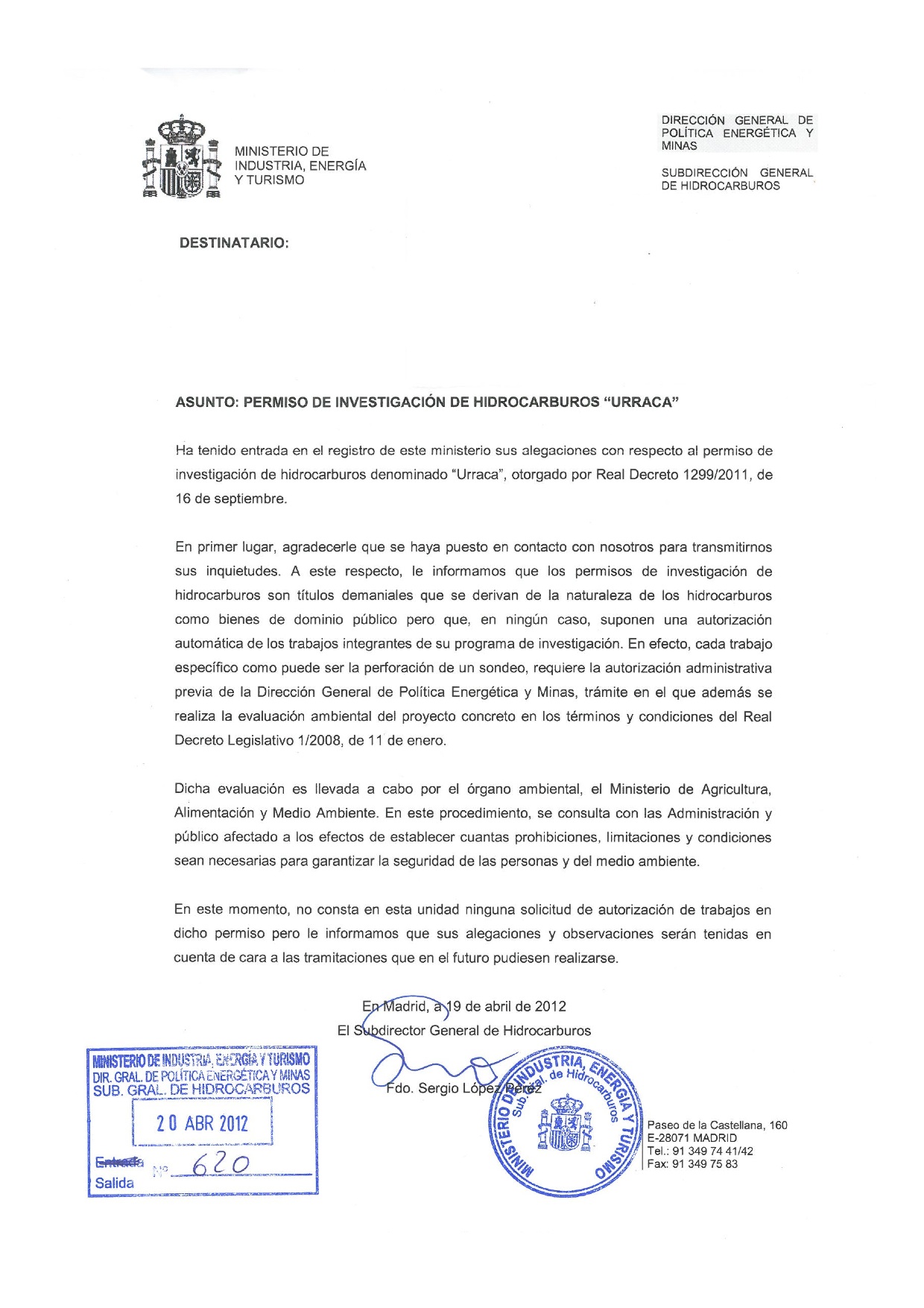 Respuesta del Ministerio a las alegaciones  Proyecto Urraca